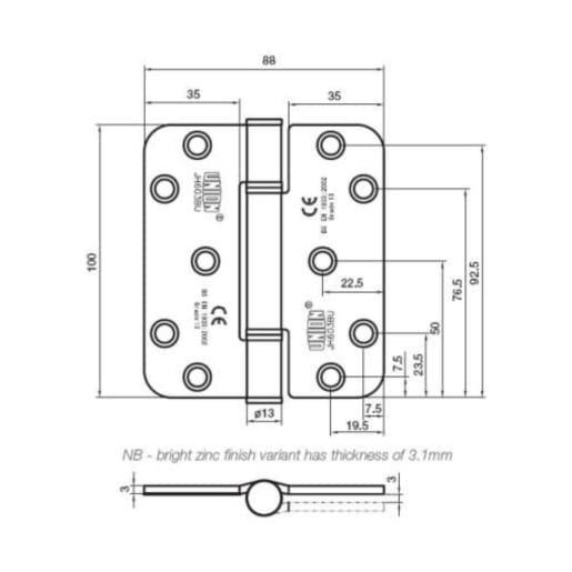 Union 603 Powerload Butt Hinge Radius Corner Satin Stainless Steel 100mm X 88mm X 3mm 