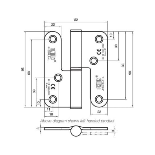 Union 604 Powerload Lift Hinge RH Radius Corner Satin Stainless Steel 98mmx 82mm X 3mm 