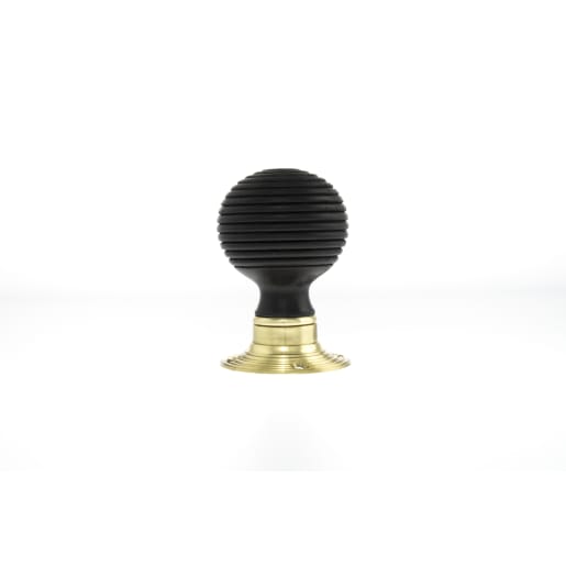Old English Whitby Ebony Wood Reeded Mortice Knob on 60mm Face Fix Rose Polished Brass