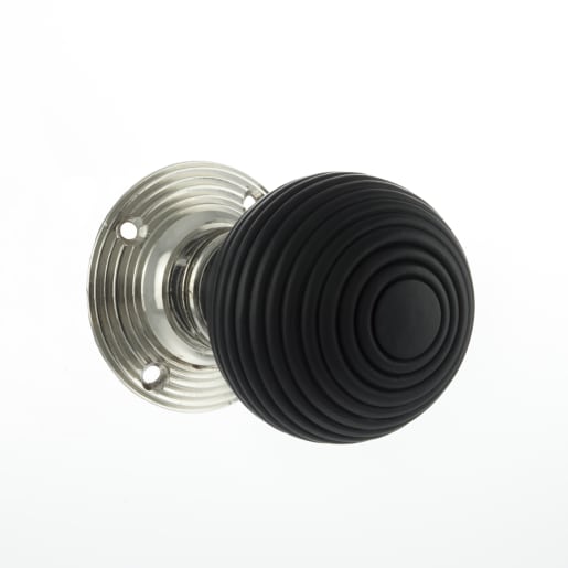 Old English Whitby Ebony Wood Reeded Mortice Knob on 60mm Face Fix Rose Polished Nickel