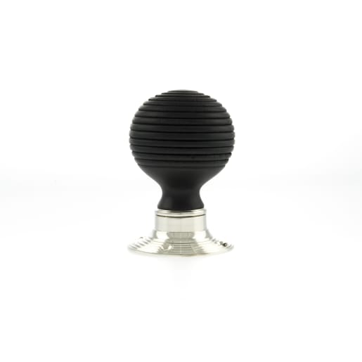 Old English Whitby Ebony Wood Reeded Mortice Knob on 60mm Face Fix Rose Polished Nickel
