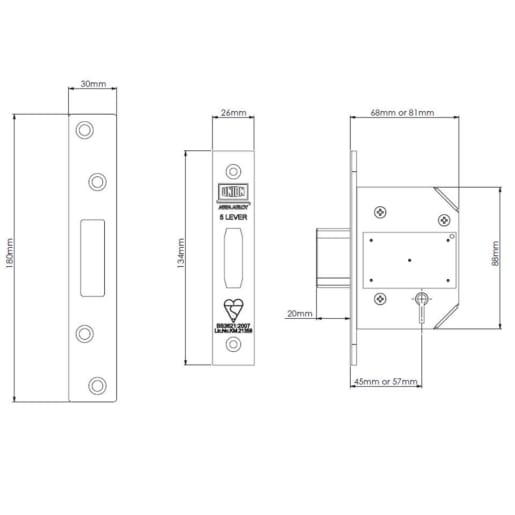 Union 2100 BS StrongBOLT 5 Lever Deadlock 68mm Satin Brass
