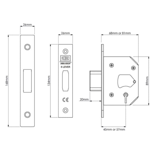 Union CE StrongBOLT 5 Lever Mortice Deadlock 81mm Polished Brass