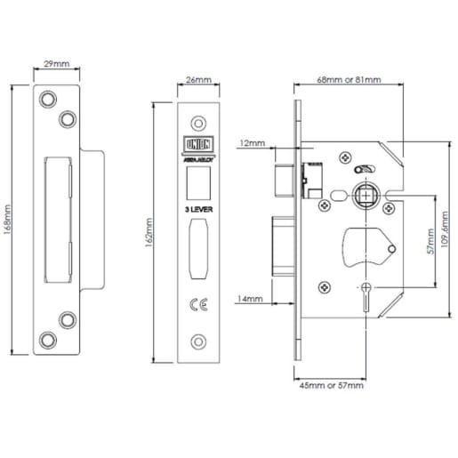 Union CE StrongBOLT 3 Lever Mortice Sashlock 81mm Stainless Steel