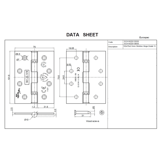 Eurospec Enduro Butt Hinge Grade 13 100mm Satin Stainless Steel